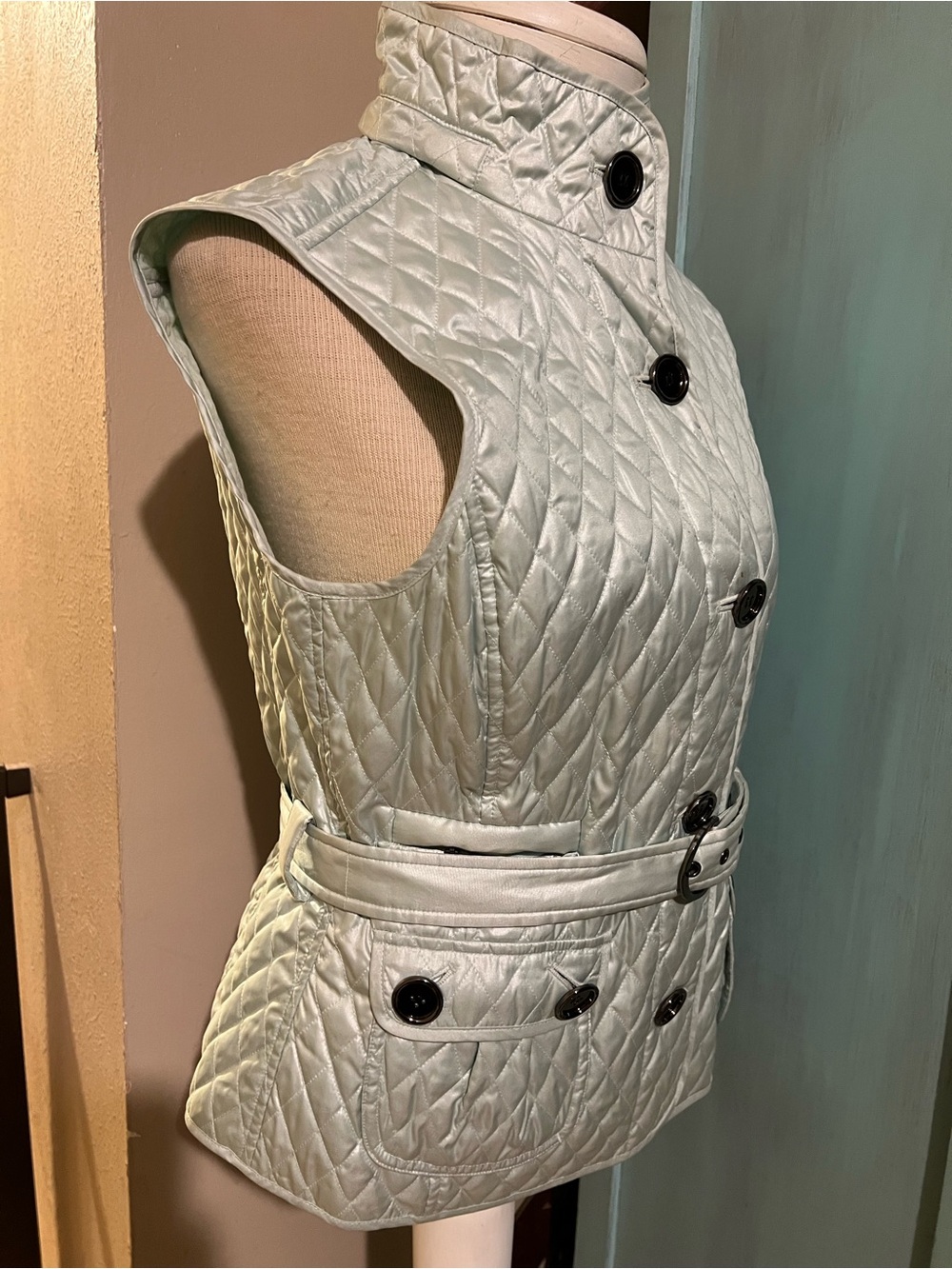 Carlisle Size 8 Sophisticated Quilted Mint Green Belted Vest w/ Detachable Hood - Picture 3 of 11